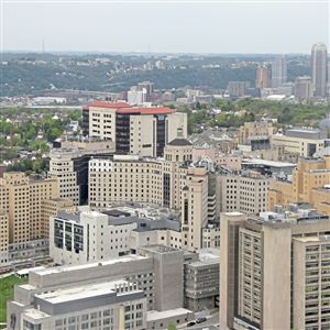 The University of Pittsburgh Campus is in the foreground of the City of Pittsburgh skyline in this view from the top of the Cathedral of Learning, taken Friday, May 11, 2018.