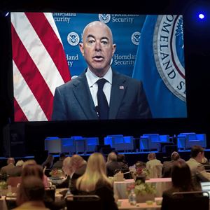 Alejandro N. Mayorkas, secretary of the U.S. Department of Homeland Security, addresses the Eradicate Hate Global Summit via video at the David L. Lawrence Convention Center in Downtown Pittsburgh on Tuesday, Oct. 19, 2021.