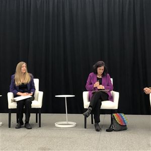 Judges listen to pitches at the Anti-Hate Technology Venture Fair Tuesday at the Eradicate Hate Global Summit. From left to right: Vidya Ramalingam, founder of Moonshot; Brette Steele, senior director for preventing targeted violence at the McCain Institute for International Leadership; Lorrie Faith Cranor, the co-chair of Collaborating Against Hate and the director and Bosch distinguished professor at CyLab Security and Privacy Institute; Brian Fishman, policy director at Facebook.