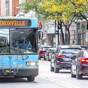 A Port Authority employee operates a bus on Wood Street, Downtown, Sunday, October 17, 2021.  