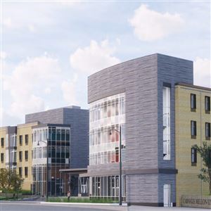 Rendering of Carnegie Mellon University's planned Forbes and Beeler Residence Hall as seen from Forbes Ave. 
