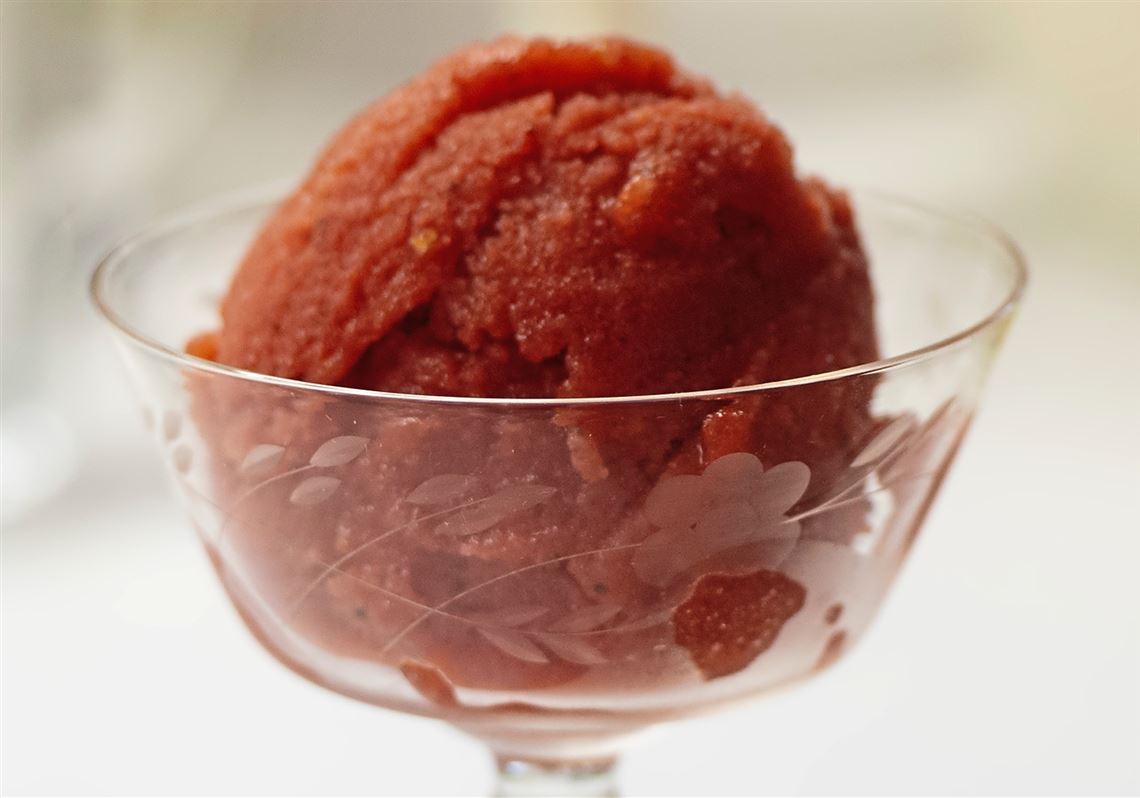 Strawberry season in Pennsylvania starts in late May, and a sorbet makes perfect use of the sweet springtime favorite.