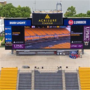 The main scoreboard at the south end of Acrisure Stadium, formerly Heinz Field, is seen on Monday, Aug. 8, 2022, in North Shore. The Steelers and the Sports & Exhibition Authority are involved in a dispute over who will pay for the $3 million in improvements to the scoreboard.