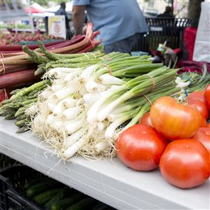 Fresh vegetables from Andrews farm are put on display at Market Square Farmers Market on Thursday, May 25, 2017. Chad Andrews, of St. Thomas Township, is the third-generation fruit grower. 