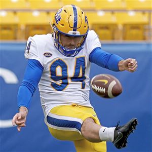 Pitt punter Sam Vander Haar punts during the team's Blue-Gold spring game, Saturday, April 9, 2022, at Heinz Field. 