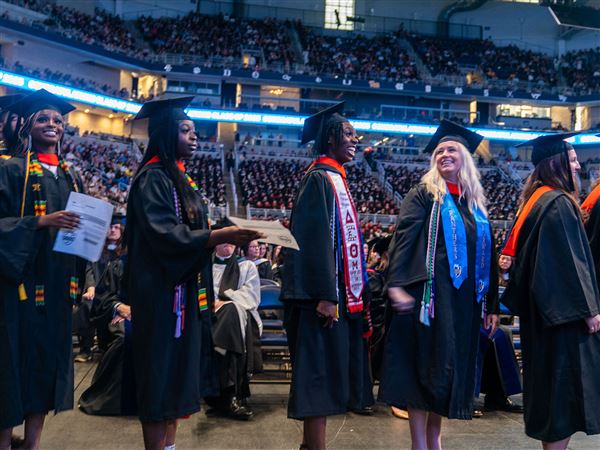 University of Pittsburgh students line up to receive their diplomas at the Petersen Events Center on April 30, 2023. 