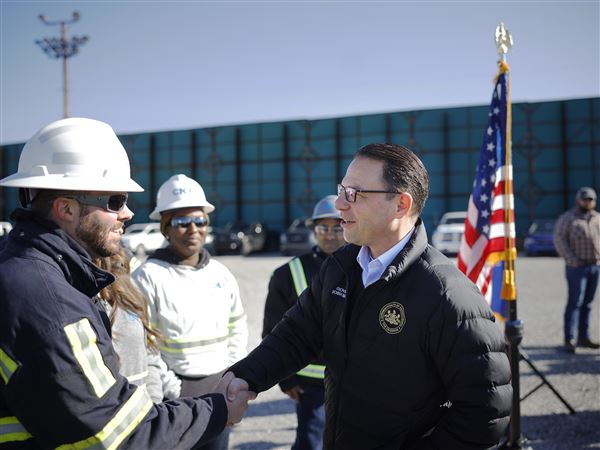 Gov. Shapiro meets workers during a news conference held on Thursday, Nov. 2, 2023.  The Shapiro administration and leading natural gas company CNX Resources announced a first-of-its-kind collaboration on environmental monitoring and chemical disclosures.