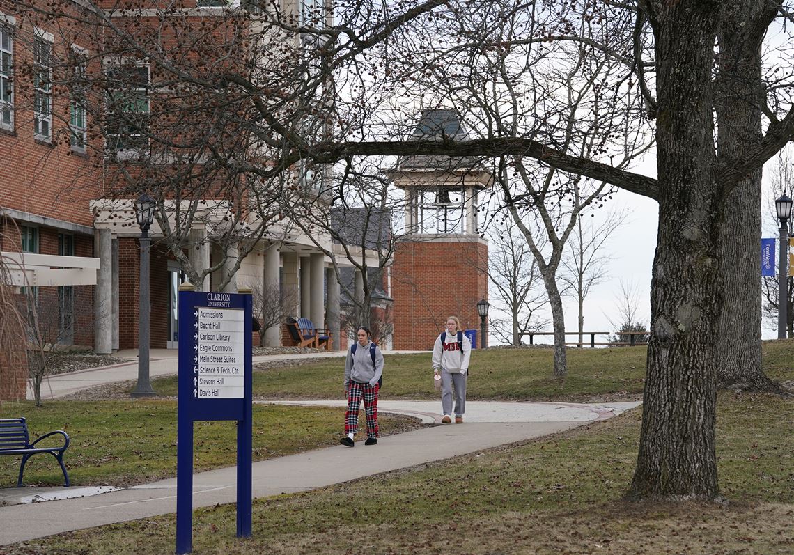 Students walk through campus at PennWest University in Clarion Thursday, Feb. 8, 2024. 