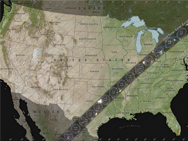 The path of the 2024 total solar eclipse occurring on April 8.