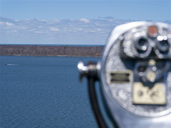 A boat can be seen from the Bicentennial Tower as it makes its way across Presque Isle Bay on Saturday, April 6, 2024, in Erie.
