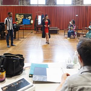 Alyson Cambridge (Mary Cardwell Dawson), Meroë Khalia Adeeb (Isabelle), Christian Mark Gibbs (Frank) and Jazmine Olwalia (Phoebe) rehearse a scene from 