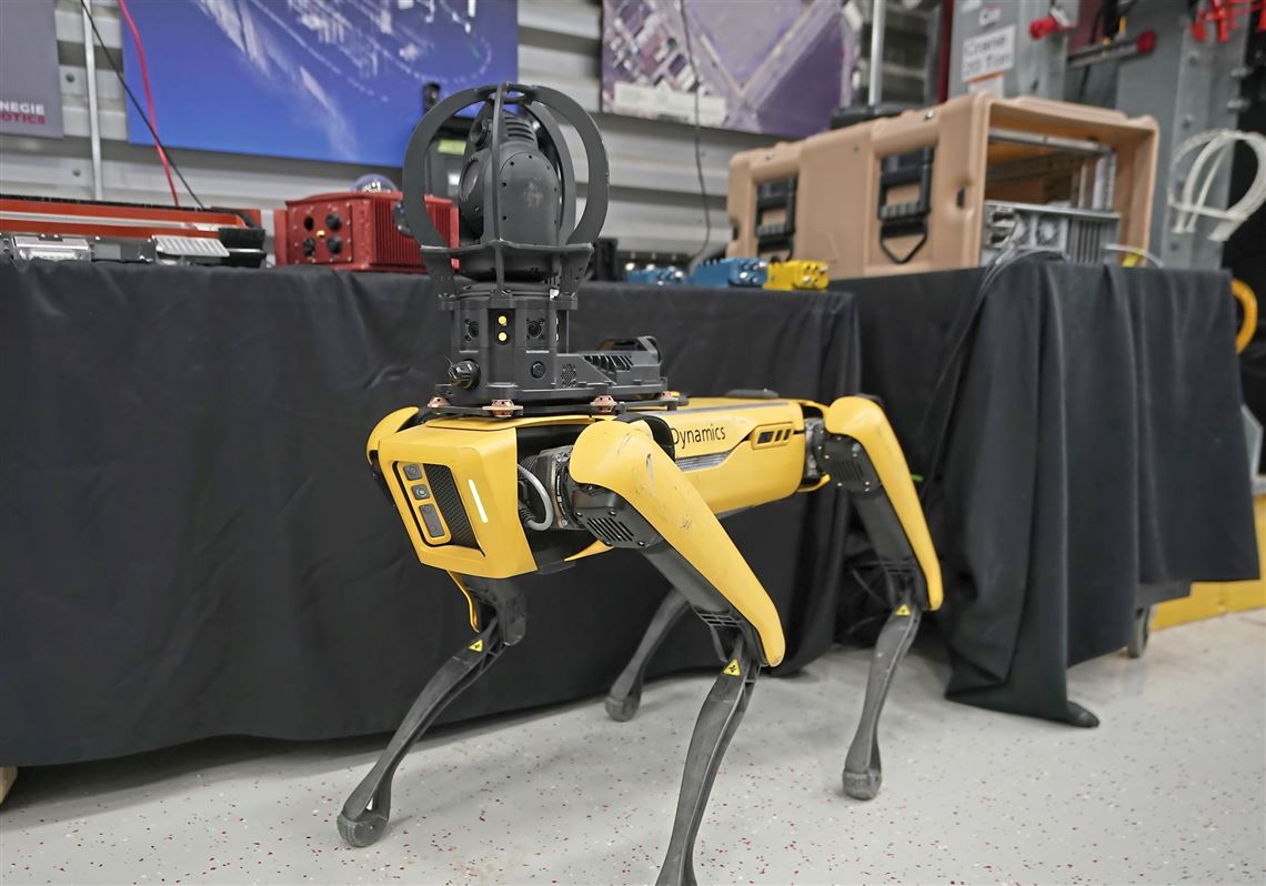 Boston Dynamics robot dog, pictured, features Carnegie Robotics camera systems. Carnegie Robotics is working to convert four palletized load system trucks into an autonomous model for the U.S. Army. The build is part of a 270 day competition against another Pittsburgh startup, Neya Systems, and a third company in Maryland. 