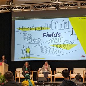 Rachel Phillips, senior vice president of impact and innovation at Team PA presents the Fields energy scenario at CMU Energy Week, one of three possible futures conjured in workshops in the fall of 2024. 