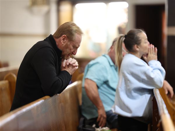 Andrew Summerscales of Bridgeville before noon Mass at St. Mary of Mercy, downtown, Friday, May 9, 2025.