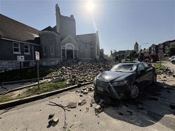 Part of Centennial Christian Church in St. Louis, Missouri, collapsed on Friday, May 16, 2025, when severe storms, including a possible tornado, swept through the city.)
