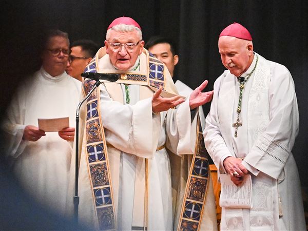 Catholic Diocese of Pittsburgh Bishop David A. Zubik, left, introduces the new Bishop Mark A.Eckman during the Clergy Day Vespers at the Diocese of Pittsburgh Pastoral Center on Wednesday, June 4, 2025.
