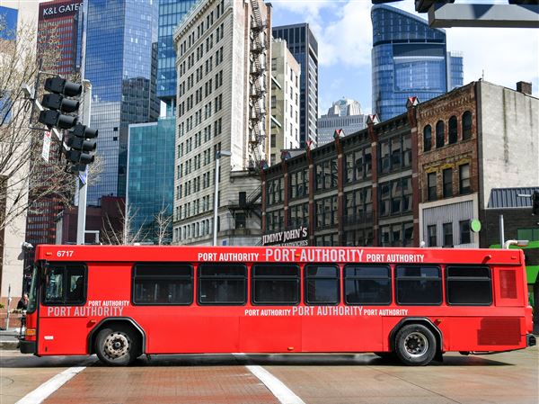 A Pittsburgh Regional Transit bus is shown rolling through downtown earlier this year. Democratic Sen. Jay Costa of Pittsburgh said provisions added to a transit-funding bill that passed the state House last week may help overcome Republican opposition in Senate. 