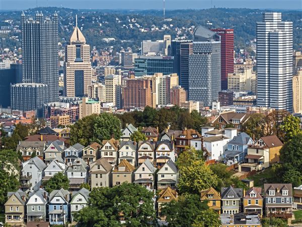 An aerial view of the neighborhood of Mt. Washington with the Pittsburgh city skyline in the background photographed on Wednesday, Oct. 6, 2021.