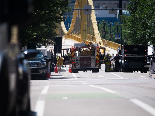 The Roberto Clemente bridge sits closed as film crews work on "How to Rob a Bank," a new Amazon MGM Studios movie, on Monday.