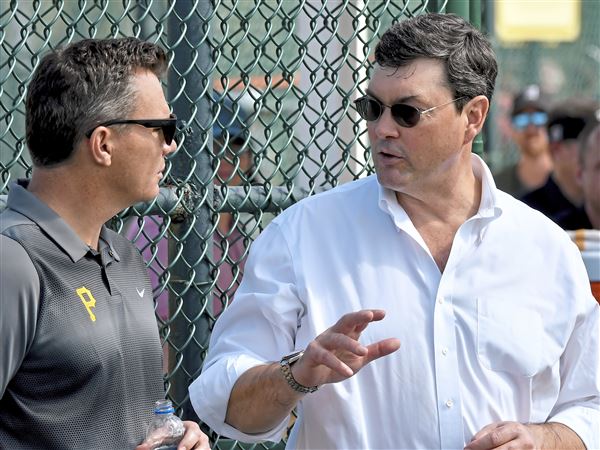 Pirates team owner Bob Nutting talks with general manager Ben Cherington during spring training Monday, Feb. 17, 2020, at Pirate City in Bradenton, Fla. 