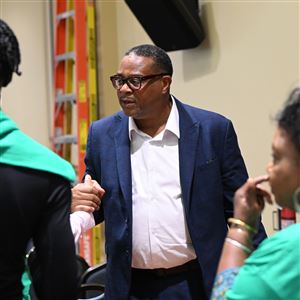 Mayor Ed Gainey greets students and staff following a speaking engagement during the Statewide Violence Prevention Symposium at the University of Pittsburgh Monday, July 7, 2025.  