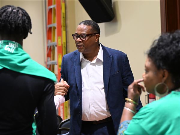 Mayor Ed Gainey greets students and staff following a speaking engagement during the Statewide Violence Prevention Symposium at the University of Pittsburgh Monday, July 7, 2025.  
