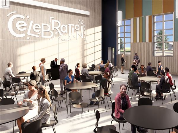 In Celebration Hall's main event space, multicolored acoustic wall panels will be installed along with acoustic ceiling treatments. 