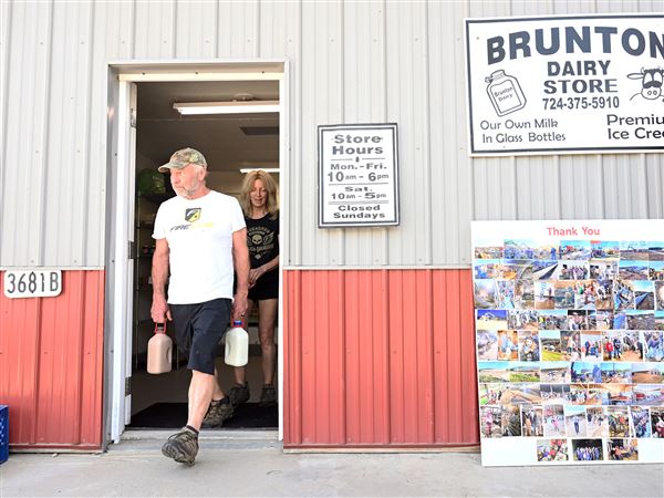 Robert and Rhonda Brown of Greene Township leave the Brunton Dairy Store in Independence, Beaver County, after buying milk on Friday, July 11, 2025. The dairy is bottling milk again,  almost two years after a fire destroyed it.
