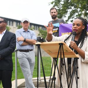 U.S. Rep. Summer Lee and Pittsburgh Mayor Ed Gainey (left) criticized former President Donald Trump’s recent policy positions during an impromptu press conference on Carnegie Mellon University’s campus Monday, July 14, 2025. Her remarks came ahead of the university’s artificial intelligence and energy summit, which features Trump and Sen. Dave McCormick.