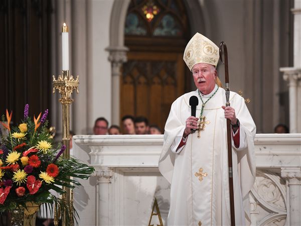 Newly installed Bishop of Pittsburgh Mark Eckman speaks during his installation Mass at Saint Paul Cathedral on Monday, July 14, 2025.