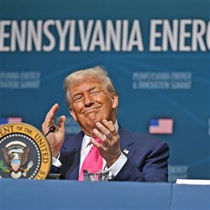 President Donald J. Trump smiles and claps during the Pennsylvania Energy and Innovation Summit in the Wiegand Gym at Carnegie Mellon University on Tuesday July 15, 2025. 