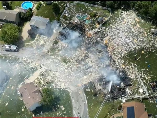 KDKA Plum Explosion 4 Aerial photo of  debris around of the smoldering wreckage of the the three houses that exploded near Rustic Ridge Drive and Brookside Drive in the Plum Borough Saturday Aug. 12, 2023. 