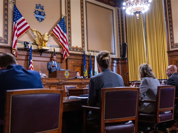 City Council members listen as Mayor Ed Gainey gives his annual budget address in City Council chambers in the City-County Building Downtown on Monday, Nov. 13, 2023.