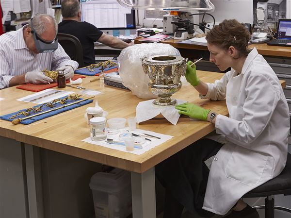 Conservator Julia Day works in The Frick Collection's former conservation studio in 2014.