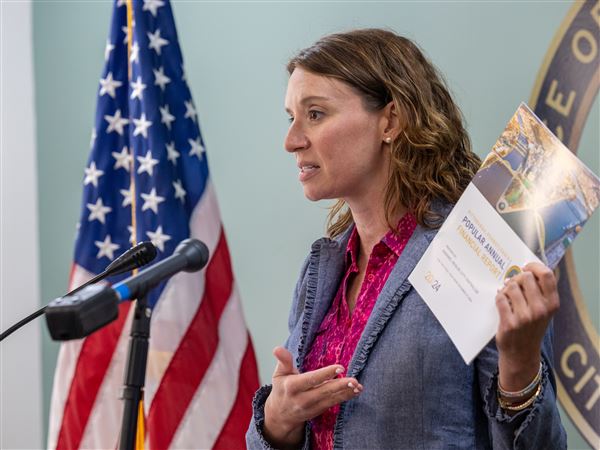 Pittsburgh City Controller Rachael Heisler talks during a morning news conference at the City-County Building where she provided a mid-year update on city finances, Wednesday, July 23, 2025.