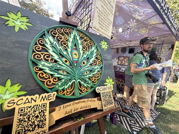 The Conscious Frequency's scanable sign is displayed outside their tent during the Pittsburgh Cannabis festival at Allegheny Commons Park in the Northside on Sunday, Aug. 10, 2025.