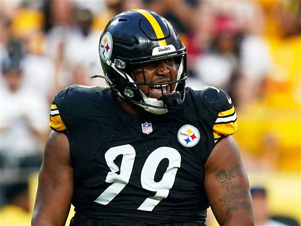Pittsburgh Steelers defensive tackle Derrick Harmon celebrates sacking Tampa Bay Buccaneers quarterback Kyle Trask during the first half of an NFL football preseason game, Saturday, Aug. 16, 2025 in Pittsburgh.