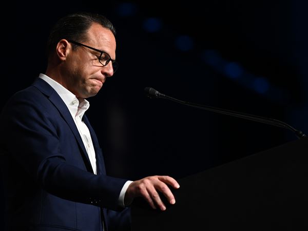 Pennsylvania Governor Josh Shapiro, a survivor of an arson attack on April 13, 2025, pauses while he talks about his incident at the Eradicate Hate Summit at the David L. Lawrence Convention Center on Tuesday, Sept. 16, 2025. 
