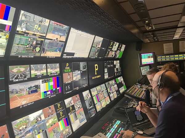 In the SportsNet Pittsburgh truck, producer Adam Elmore and director Jason Steele can see every nook and cranny of PNC Park. 